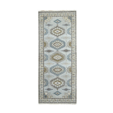 Tribal & Geometric Wool Hand Knotted Rug Grey Acoustic White 4.0X10.1 -O084759