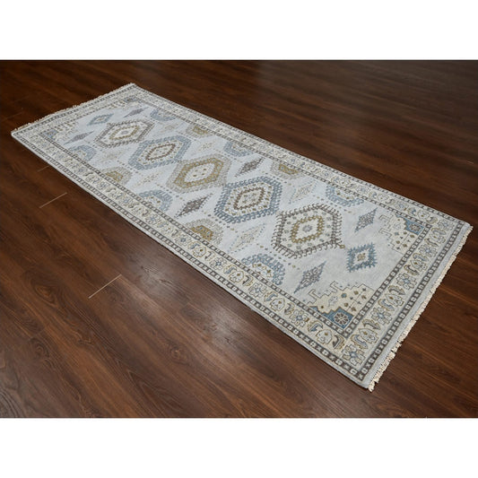 Tribal & Geometric Wool Hand Knotted Rug Grey Acoustic White 4.0X10.1 -O084759