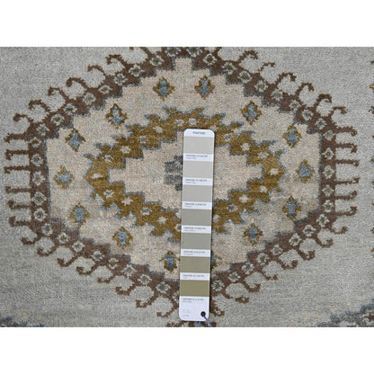 Tribal & Geometric Wool Hand Knotted Rug Grey Acoustic White 4.0X10.1 -O084759