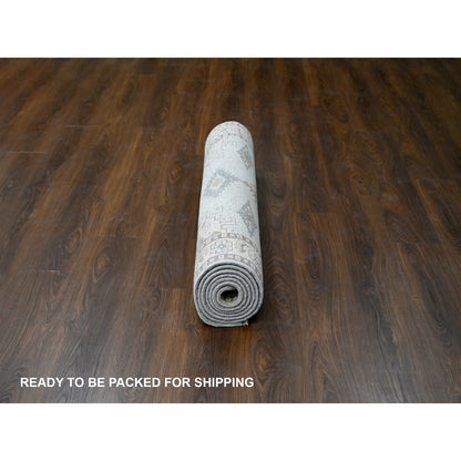 Tribal & Geometric Wool Hand Knotted Rug Grey Acoustic White 4.0X10.1 -O084759