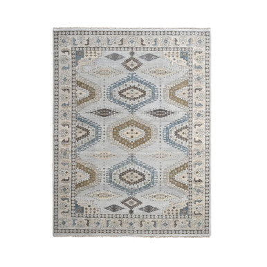Tribal & Geometric Wool Hand Knotted Rug Grey Abstract White 9.1X11.11 -O084760