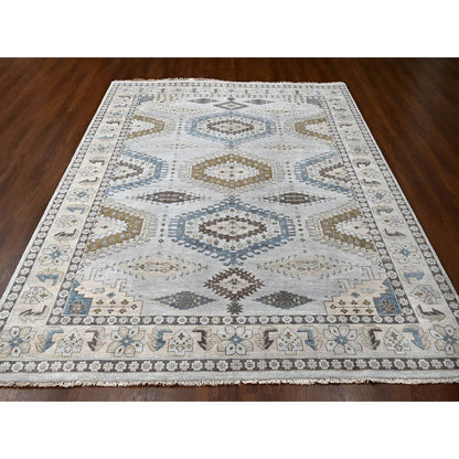 Tribal & Geometric Wool Hand Knotted Rug Grey Abstract White 9.1X11.11 -O084760
