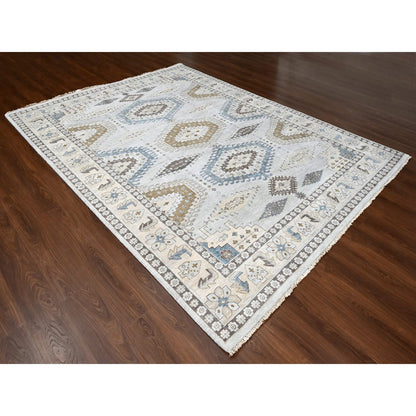 Tribal & Geometric Wool Hand Knotted Rug Grey Abstract White 9.1X11.11 -O084760