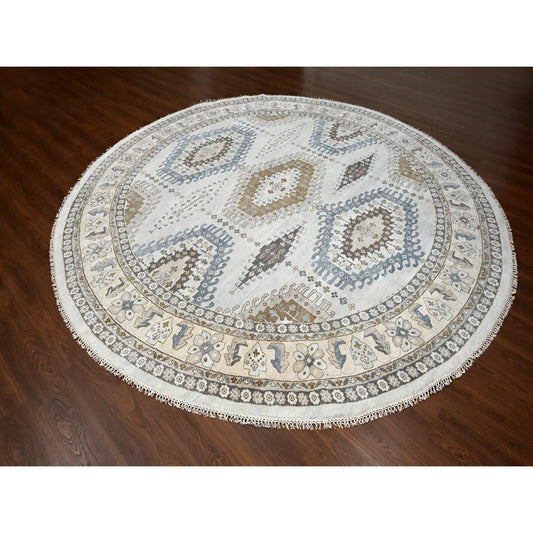 Tribal & Geometric Wool Hand Knotted Rug Grey Feather White 12.0X12.0 -O084762