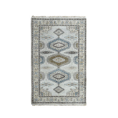 Tribal & Geometric Wool Hand Knotted Rug Grey Winter White 3.1X5.1 -O084768