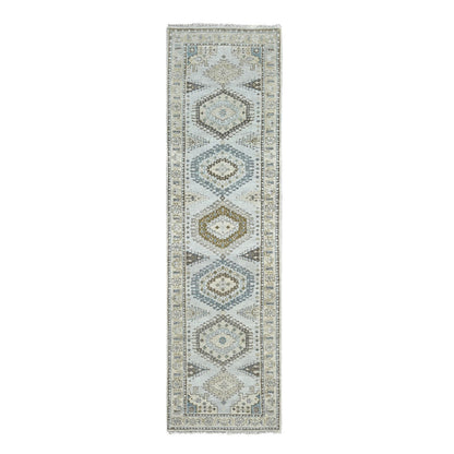 Tribal & Geometric Wool Hand Knotted Rug Grey Ivory 2.8X10.1 -O084801