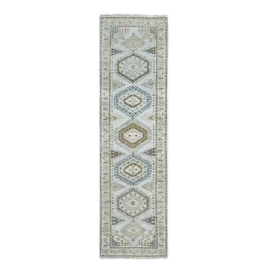 Tribal & Geometric Wool Hand Knotted Rug Grey Ivory 2.8X10.1 -O084801
