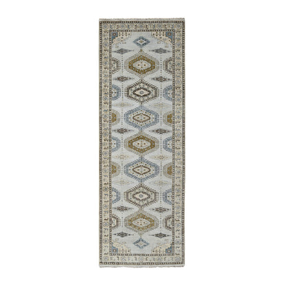 Tribal & Geometric Wool Hand Knotted Rug Grey Ivory 4.3X12.0 -O084818