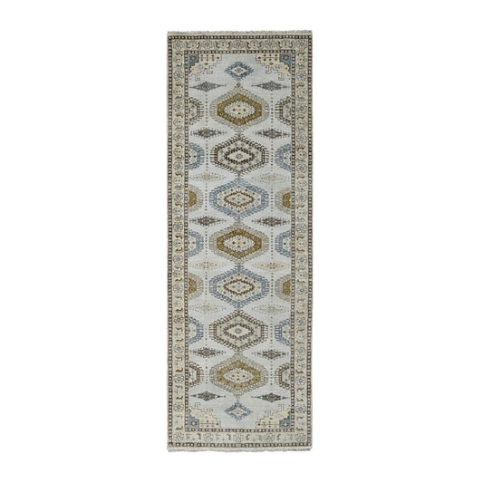 Tribal & Geometric Wool Hand Knotted Rug Grey Ivory 4.3X12.0 -O084818