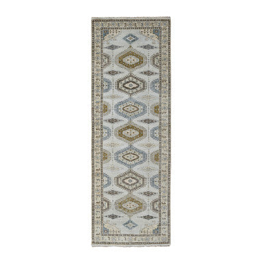Tribal & Geometric Wool Hand Knotted Rug Grey Ivory 4.3X12.0 -O084818