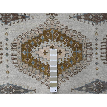 Tribal & Geometric Wool Hand Knotted Rug Grey Ivory 4.3X12.0 -O084818