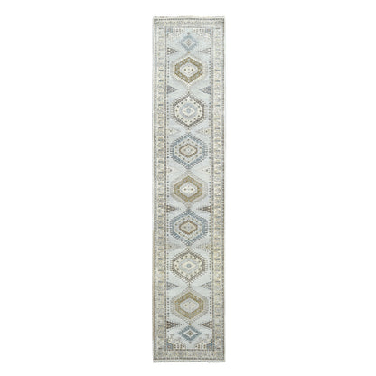 Tribal & Geometric Wool Hand Knotted Rug Grey Ivory 2.8X14.1 -O084830