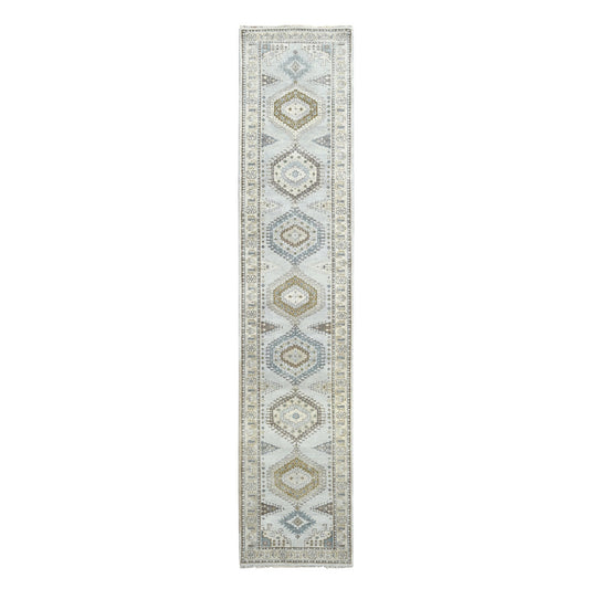 Tribal & Geometric Wool Hand Knotted Rug Grey Ivory 2.8X14.1 -O084830