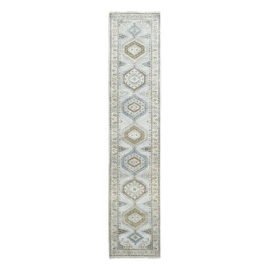 Tribal & Geometric Wool Hand Knotted Rug Grey Ivory 2.8X14.1 -O084830