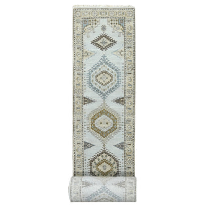 Tribal & Geometric Wool Hand Knotted Rug Grey Ivory 2.9X29.10 -O084831