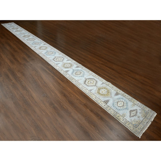 Tribal & Geometric Wool Hand Knotted Rug Grey Ivory 2.9X29.10 -O084831