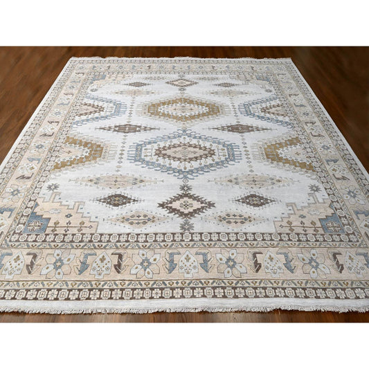 Tribal & Geometric Wool Hand Knotted Rug Grey Ivory 13.7X13.10 -O084860
