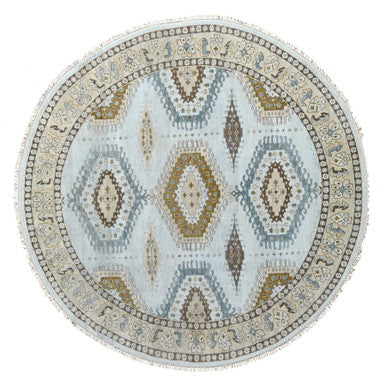 Tribal & Geometric Wool Hand Knotted Rug Grey Ivory 8.1X8.1 -O084921