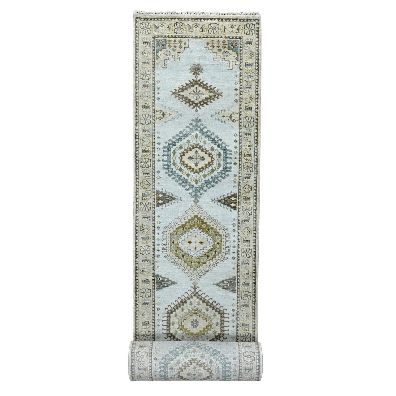 Gray 2'7" x 19'9" Tribal & Geometric Hand knotted Wool Rug - Sku: O084923