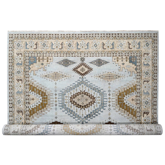 Tribal & Geometric Wool Hand Knotted Rug Grey Ivory 13.11X17.10 -O084924