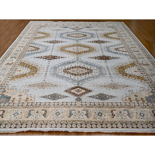 Tribal & Geometric Wool Hand Knotted Rug Grey Ivory 13.11X17.10 -O084924