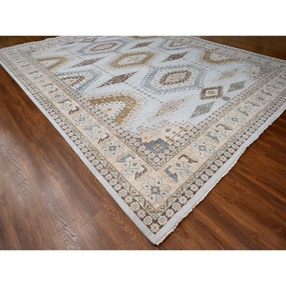 Tribal & Geometric Wool Hand Knotted Rug Grey Ivory 13.11X17.10 -O084924