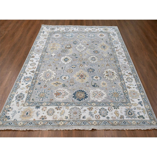 Oushak And Peshawar Wool Hand Knotted Rug Grey Ivory 7.11X10.2 -O084936