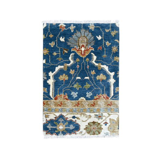 Oushak And Peshawar Wool Hand Knotted Rug Blue Ivory 2.0X3.0 -O084955