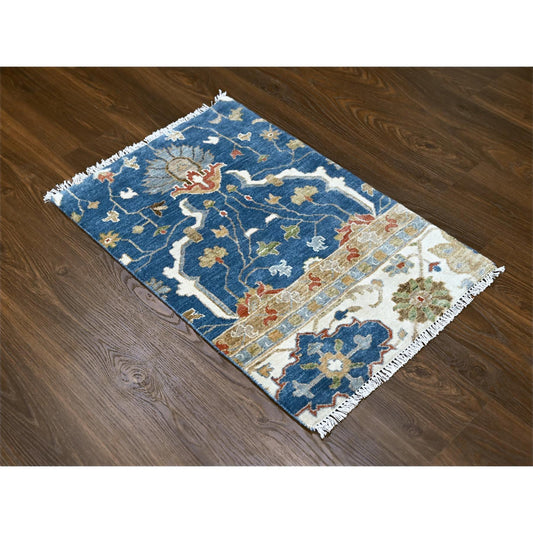 Oushak And Peshawar Wool Hand Knotted Rug Blue Ivory 2.0X3.0 -O084955