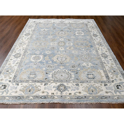 Oushak And Peshawar Wool Hand Knotted Rug Blue Ivory 8.11X11.10 -O084966