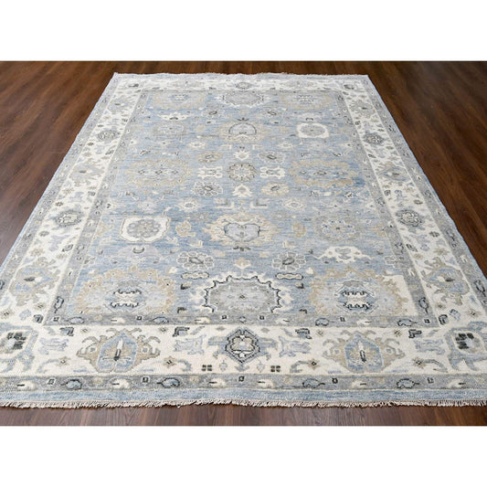 Oushak And Peshawar Wool Hand Knotted Rug Blue Ivory 8.11X11.10 -O084966