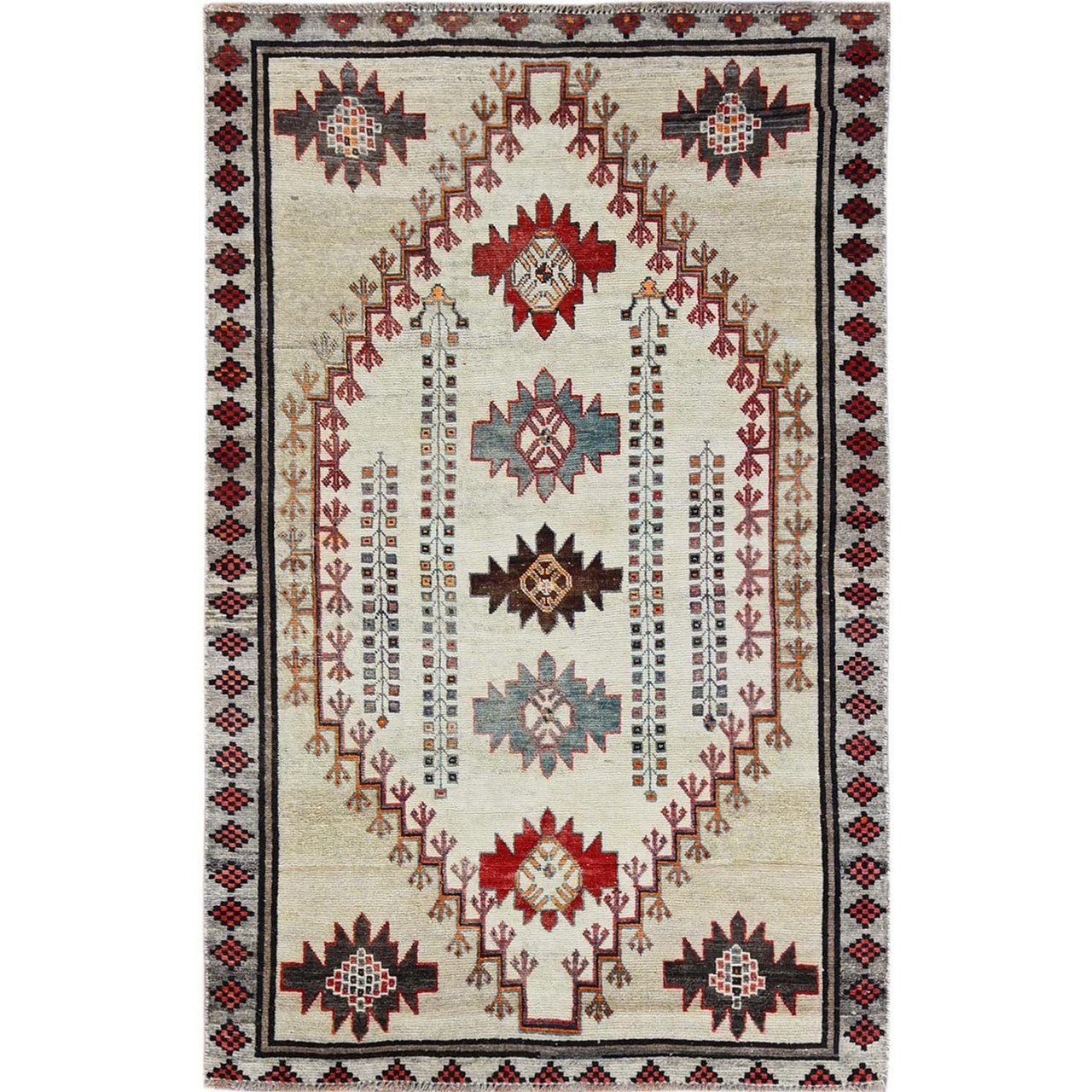 Overdyed & Vintage Wool Hand Knotted Rug Ivory 4.2x6.7 -O0849