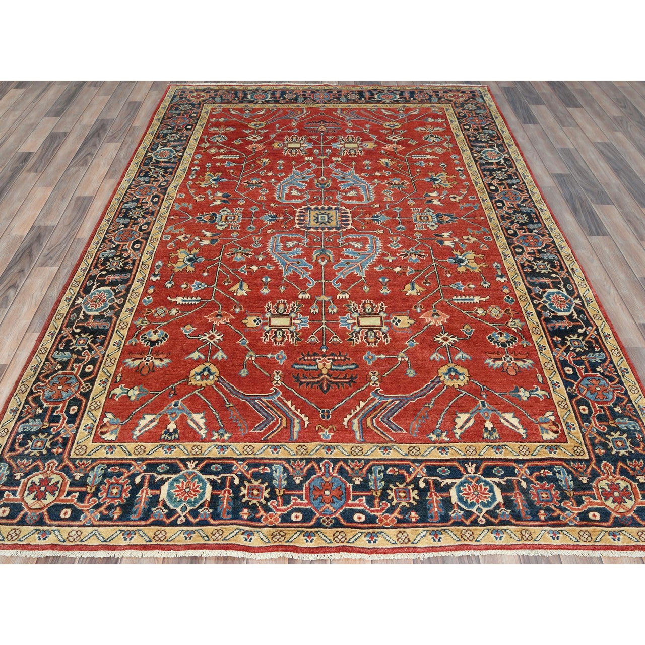 Red 6'1" x 9'1" Heriz Hand knotted Wool Rug - Sku: O085022