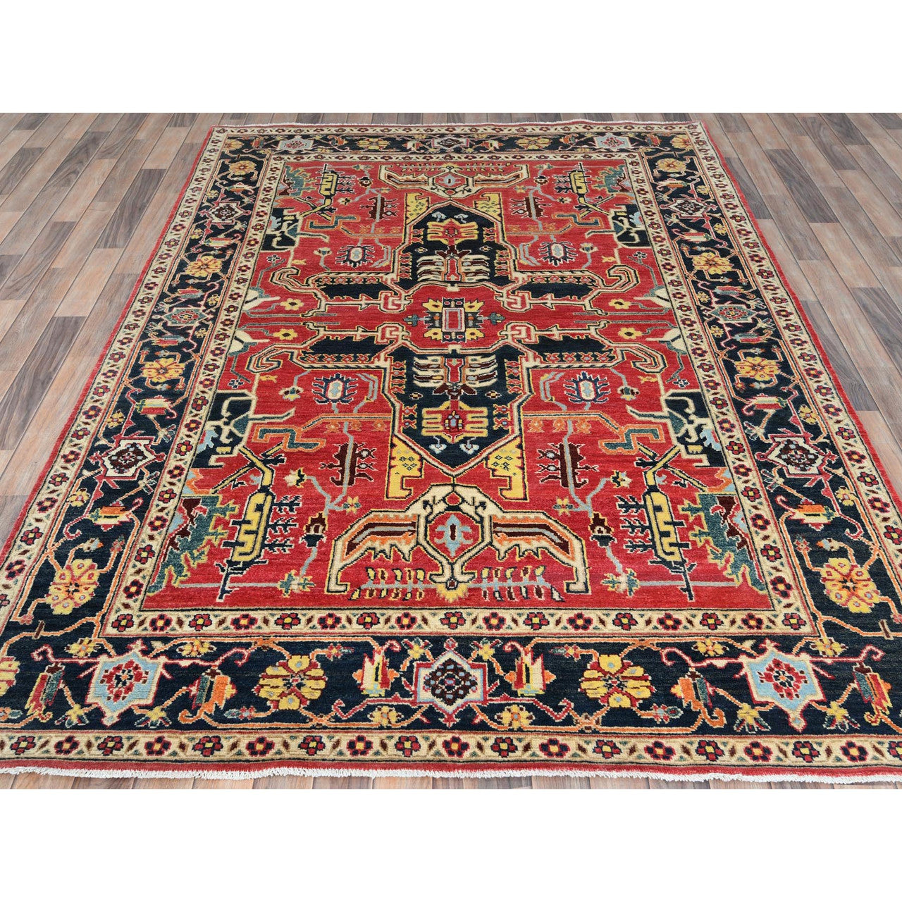 Red 6'1" x 9'2" Heriz Hand knotted Wool Rug - Sku: O085023