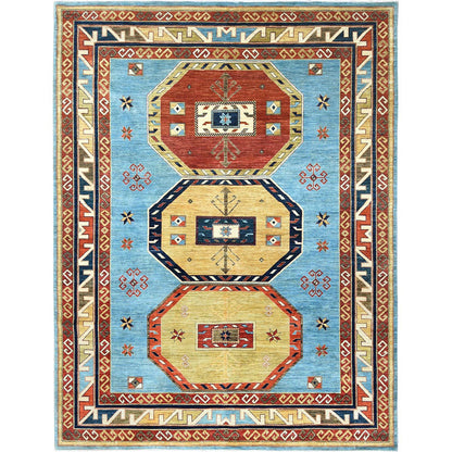 Tribal & Geometric Wool Hand Knotted Rug Blue Red 9.0X11.10 -O085032