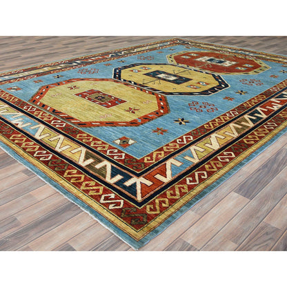 Tribal & Geometric Wool Hand Knotted Rug Blue Red 9.0X11.10 -O085032