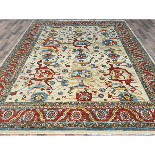 Heriz Wool Hand Knotted Rug Ivory Red 9.0X11.4 -O085033