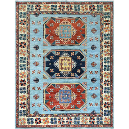 Tribal & Geometric Wool Hand Knotted Rug Blue Ivory 9.0X11.8 -O085034