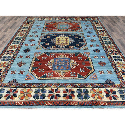Tribal & Geometric Wool Hand Knotted Rug Blue Ivory 9.0X11.8 -O085034