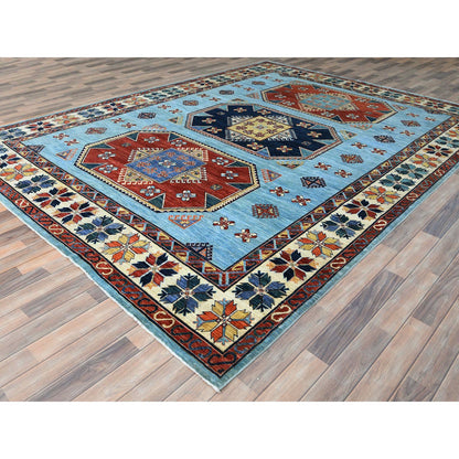 Tribal & Geometric Wool Hand Knotted Rug Blue Ivory 9.0X11.8 -O085034