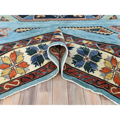 Tribal & Geometric Wool Hand Knotted Rug Blue Ivory 9.0X11.8 -O085034