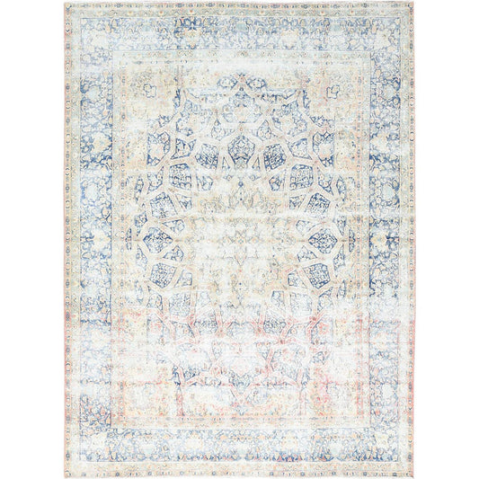Overdyed & Vintage Wool Hand Knotted Rug Ivory Blue 9.9X13.2 -O085273