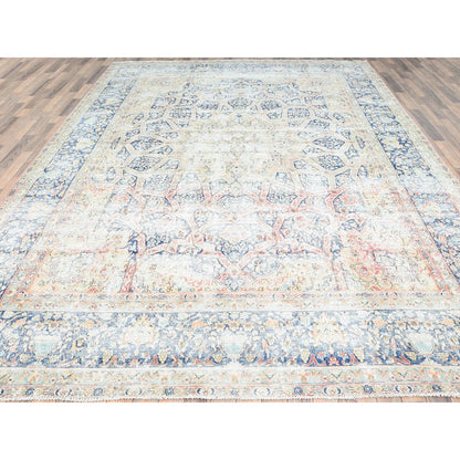 Overdyed & Vintage Wool Hand Knotted Rug Ivory Blue 9.9X13.2 -O085273