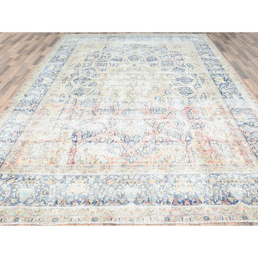 Overdyed & Vintage Wool Hand Knotted Rug Ivory Blue 9.9X13.2 -O085273