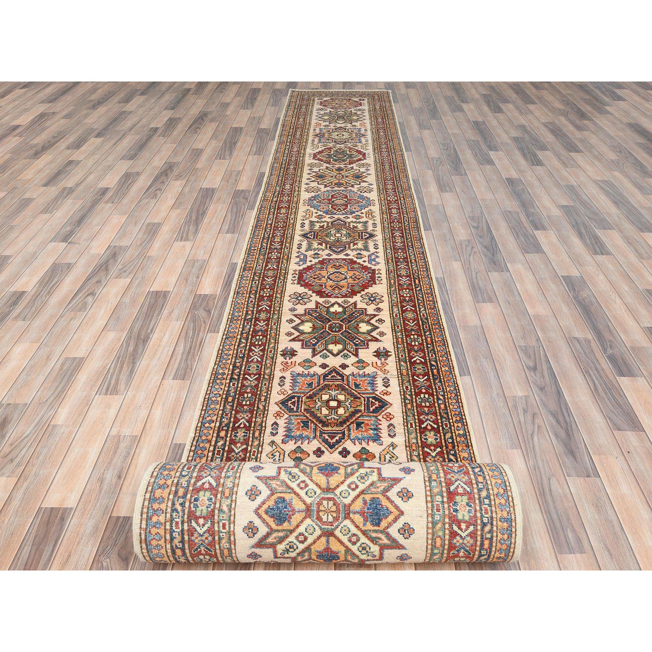 Ivory 2'9" x 35'8" Kazak Hand knotted Wool Rug - Sku: O085291