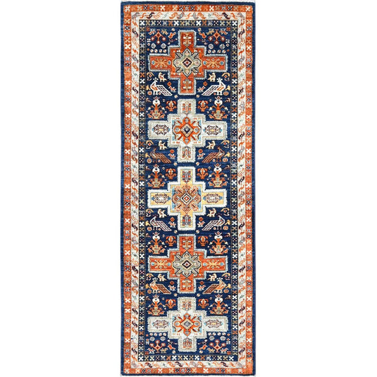 Tribal & Geometric Wool Hand Knotted Rug Blue Red 2.1X5.10 -O085306