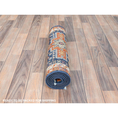 Tribal & Geometric Wool Hand Knotted Rug Blue Red 2.1X5.10 -O085306