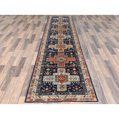 Tribal & Geometric Wool Hand Knotted Rug Blue Red 2.9X11.3 -O085307