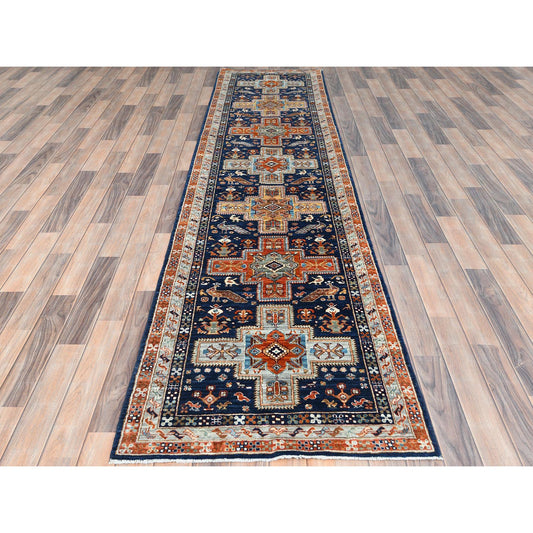 Tribal & Geometric Wool Hand Knotted Rug Blue Red 2.9X11.3 -O085307