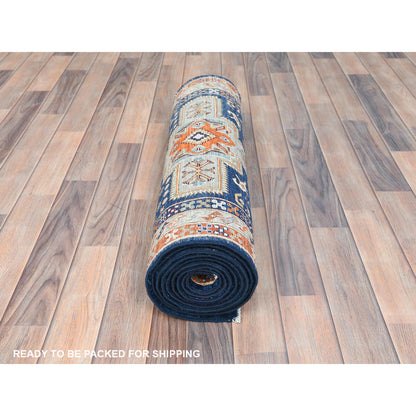 Tribal & Geometric Wool Hand Knotted Rug Blue Red 2.9X11.3 -O085307